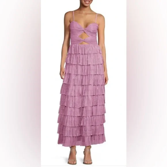 Gianni Bini Elegant Mauve Pink Purple Metallic Tiered Maxi Dress - Picture 5 of 11